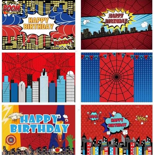 Superhero Theme Birthday Party Backdrops Photography Spider Web Night City Buildings Boom Baby Boy Background Super Hero Banner