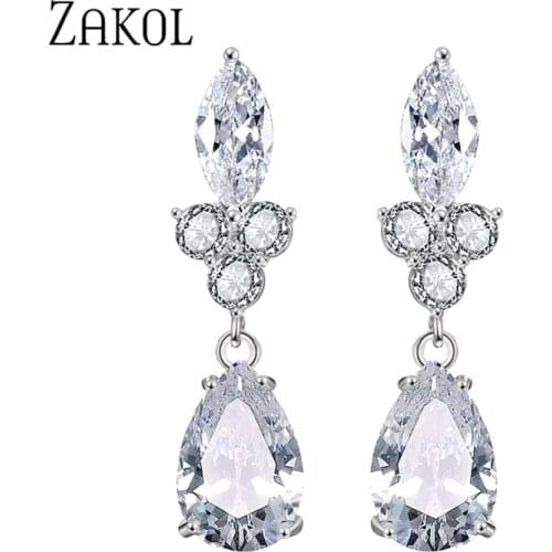 ZAKOL Brand Design Unique Water Drop Zirconia Crystal Dangle Earrings for Elegant Women Fashion Bridal Jewelry FSEP2318