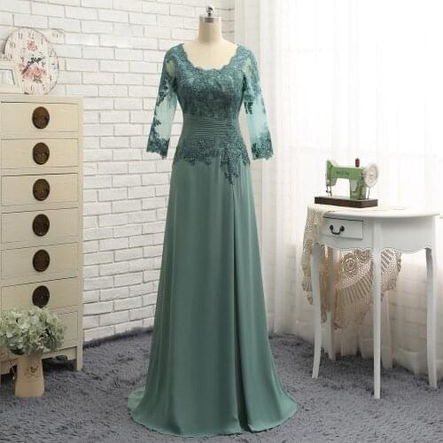 Green Mother Of The Bride Dresses A Line Scoop Neck 3/4 Sleeve Chiffon Lace illusion Formal Party Gowns Wedding فساتين السهرة