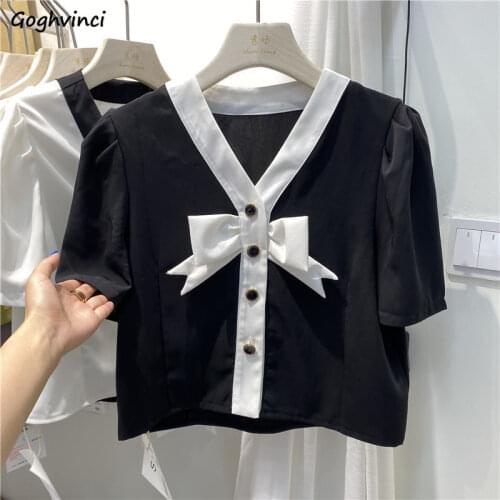 Shirt Women Bow V-Neck Leisure Puff Sleeve French Style Elegant Popular Holiday Cozy All-match Crop Tops Ladies Clothes Simple