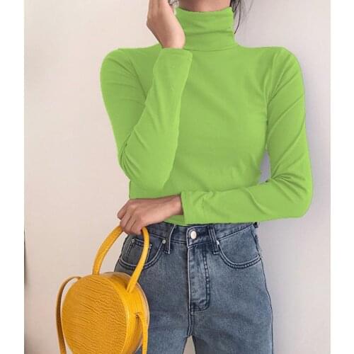 High Neck Bottoming Womens Long Sleeve Thin Fit with Knitting Shirt Slim Pattern Solid Color Female Fashion