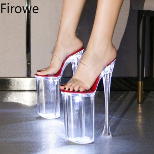 Firowe Women Clear Transparent Nightclub Catwalk Pole Dance Slipper Super High Heels 26cm Luminous Shoes sapatos de mujer