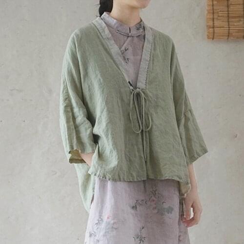 Johnature Women Vintage Belt Shirts And Tops Embroidery Linen V-Neck Bat Sleeve Blouses 2021 Summer Chinese Style Loose Shirts