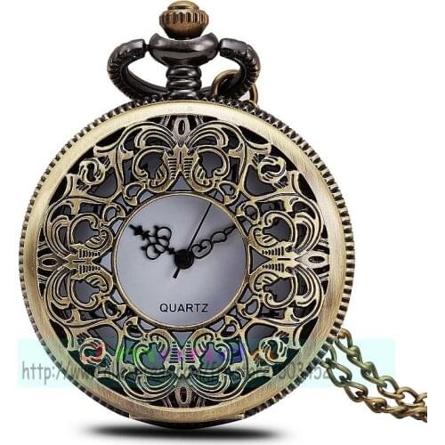 100pcs/lot butterfly flower retro pocket watch good price hollow out quartz watch for unisex high quality clock with chain