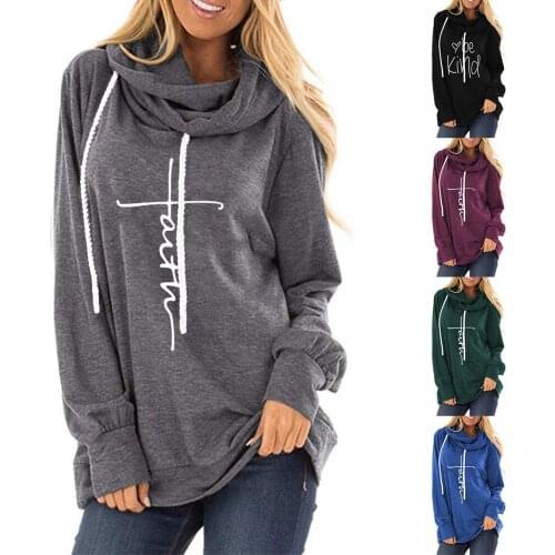 2020 Popular Womens Hoodie with Drawstrings Faith Printed Letter Loose O Neck Long-Sleeved Top