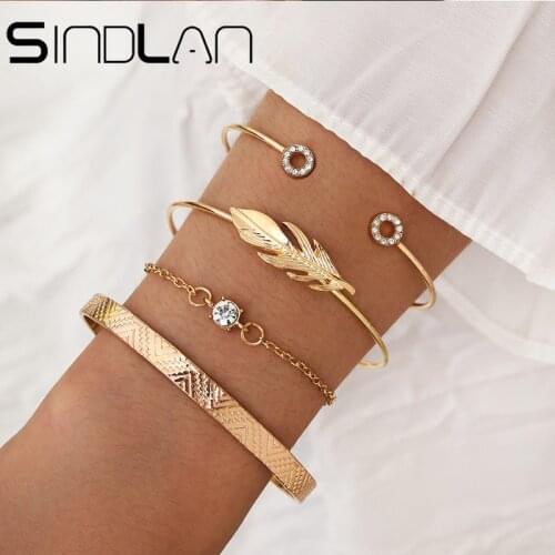 Sindlan 4Pcs Simple Metal Feather Open Bangle Bracelets Set for Women Charm Vintage Smooth Rhinestone Fashion Girl Wrist Jewelry