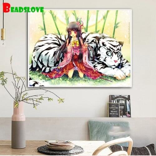 5D Diy Diamond Painting Cross Stitch full Square Diamond Embroidery cute Asian manga character with white tiger picture