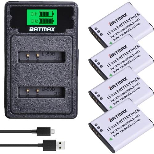 Batmax Li-50B Li50B Battery +LCD Dual Charger with Type C Port for Olympus u6010 u6020 for Pentax XZ-1 SP-800UZ D-Li92 DLi92