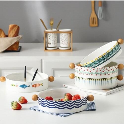 Bohemian Retro Style Plate Cheese Gratin Bowl Party Snack Tray Wave Binaural Bowl Ceramic Soup Basin Dinner Dishes Hollowware