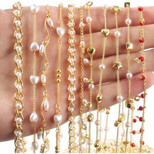 1m Stainless Steel Gold Color Chain Heart Star Crystal Pearl Beads for Jewelry Making DIY Bracelets Necklaces Ankles Accessories