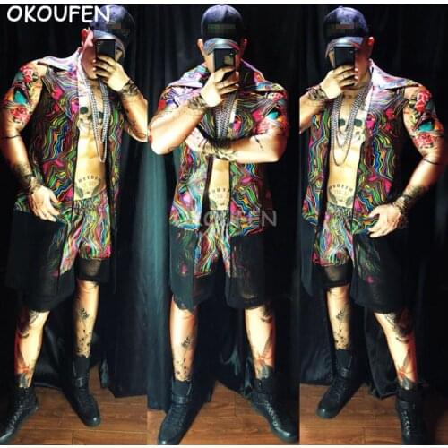 Personality Men Hip Hop Stage Costumes Nightclub Male Singer DJ DS Fluorescent Hollow Leather Vest set Party Sexy Performance