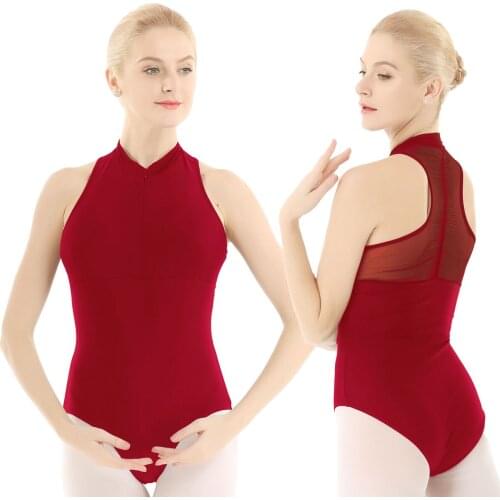 Adult High Neck Sleeveless Ruffle Mesh Back Workout Bodysuit Solid Color Dancewear Gymnastics Leotard Women Ballet Dance Costume
