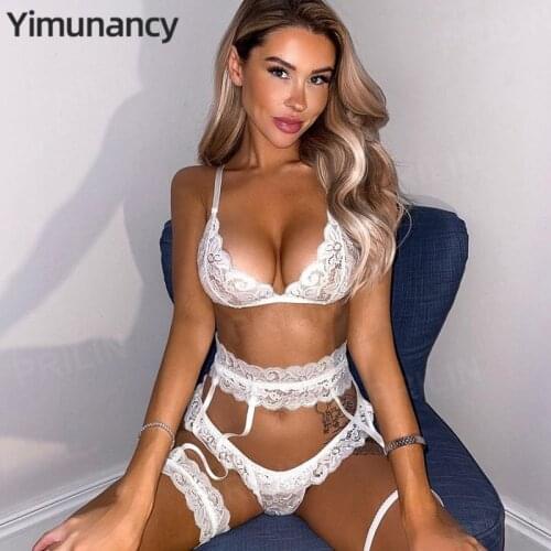3-Piece Lace Bra Set Women Floral Transparent Bra + Panty Sexy Lingerie Set Ladies White Underwear Set