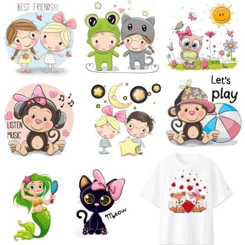 Cute Monkey Cat Heat Transfers Patches Boy Girl Animals Iron On Sticker T-shirt Dresses Patch DIY Clothes Applique Decoration F