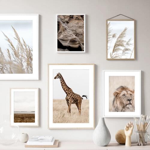 Wall Art Canvas Painting Lion Giraffe Grassland Reed Plant Rock Nordic Posters And Prints Wall Pictures For Living Room Decor