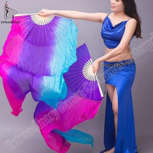 New 100% Silk Veils Hand Made belly dance Fan Children Adults Colorful Silk Bamboo Flame Veil Fans for dancing 1 Pair 2pcs