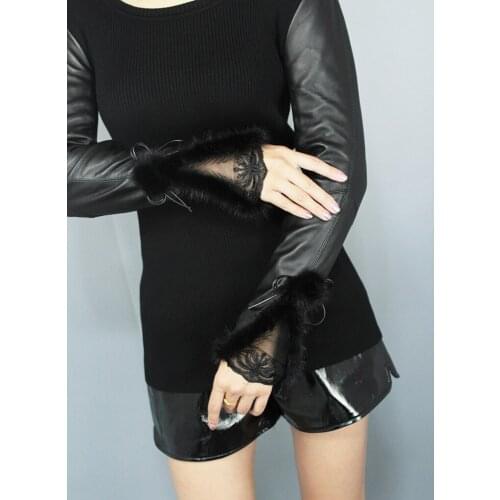 Autumn and Winter Fashion Slim Lace Stitching Sweater natural rabbit Fur Sheepskin Sleeve Sweater