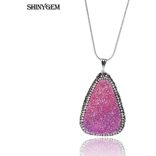 ShinyGem 32*46mm Water Drop Shape Rose Pink Druzy Pendant Necklaces Cubic Zircon Wrapped Big Natural Stone Necklaces For Women