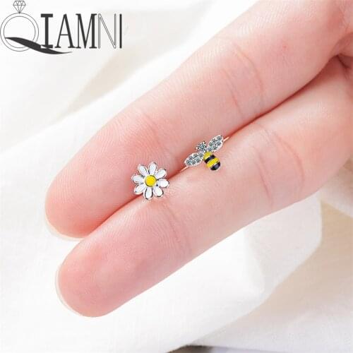 QIAMNI Cute Asymmetric Zircon Bumble Bee Stud Earrings Birthday Gift Crystal Bird Insect Sun Flower Piercing Earring Pendientes