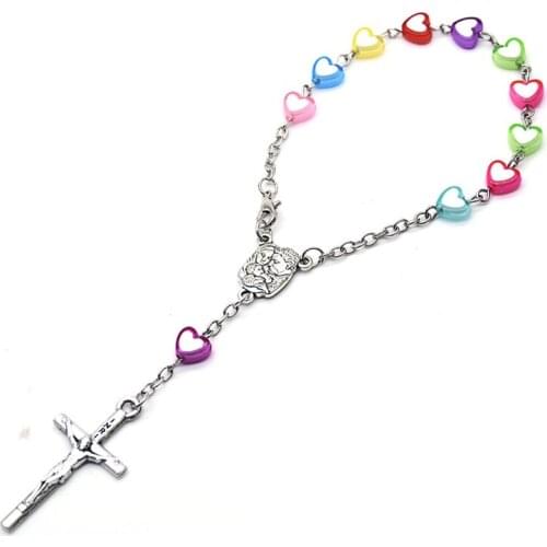 QIGO Acrylic Heart Beads Strand Rosary Bracelets Cross For Women Religious Prayer Jewelry