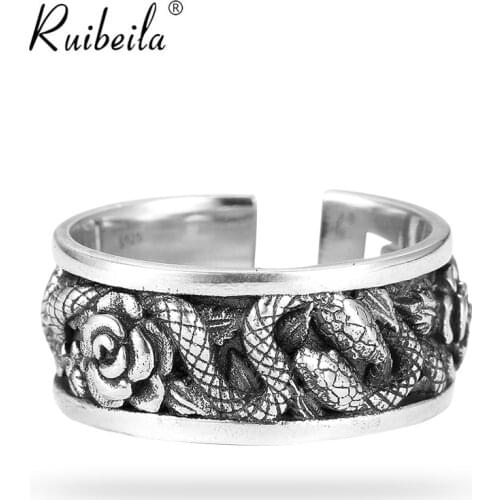 Ruibeila [Secret Series] Rose Double Snake Wrap Ring Men and Women 925 Silver Retro Hip Hop Adjustable Size Men and Women Ring