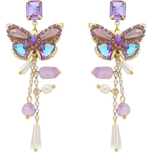 Women Earrings Purple Crystal Tassel Butterfly Earrings Banquet Couple Wedding Earrings Birthday Gift for Girl Fashion Jewelry