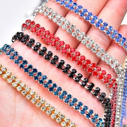 Ss12 Rhinestone Trim 2 Rows Sew On Silver Gold Base Density Strass Crystal Chain Wedding Dress Decoration DIY