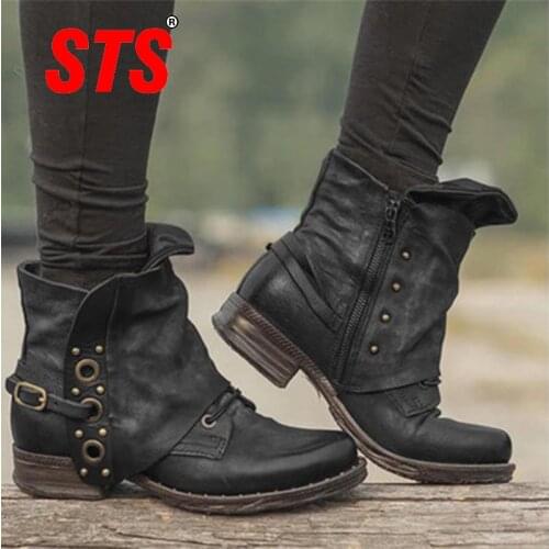 STS Womens Casual Martin Boots Flats Bottom Zipper Leather Vintage Style Short Boot Comfortable Soft Outdoor Footwear Plus Size