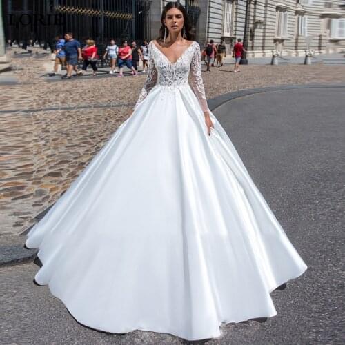 LORIE Princess Wedding Dress Long Sleeve Sexy V Neck Bride Dresses With Pocket Boho Satin Wedding Gown Vestido de noiva
