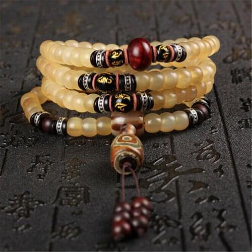 Tibetan Natural Sheep Horn 108 Mala Hand Polished Bucket Beads Strand Bracelet Necklace Buddhist Six Words Jewelry for Men Women
