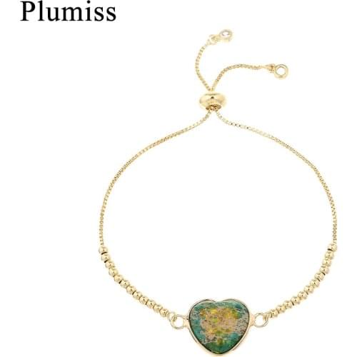 Green Yellow Heart Imperial Jaspers Charm Bracelet Cute Natural Stone Stainless Steel Link Chain Bracelets Jewelry Gift for Wome