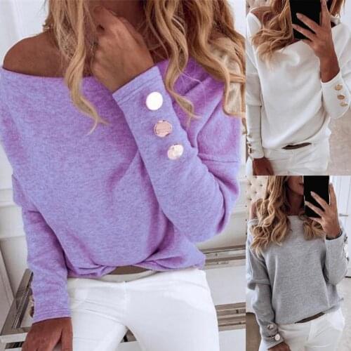 Women T-shirt Off Shoulder Buttons Autumn Solid Color Long Sleeve Strapless Pullover Top Streetwear 2021 New Women Sweater Sexy