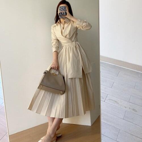 SuperAen 2021 French New Design Lace Up Mid Length Solid V Neck A-Line Mid-Calf Dresses for Women