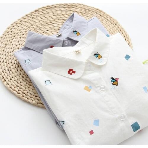2020 summer new 100% cotton women shirts turn-down collar embroidery long-sleeved lady elegant sweet shirts outwear coat tops