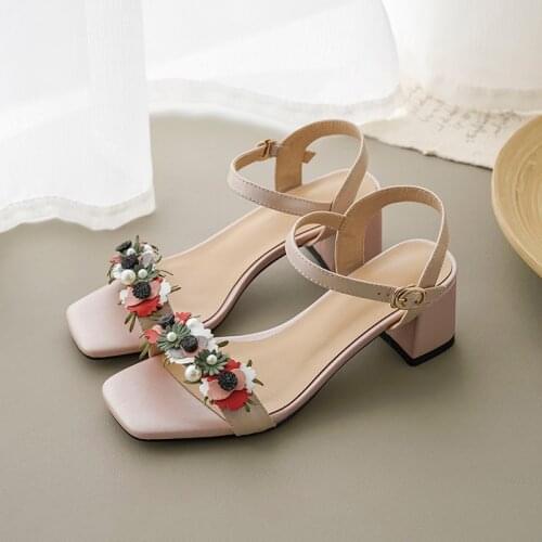 APHNUS Womens Sandals Flowers Beading Appliques Low Mid Heels Pumps Woman 2020 Shoes For Women New