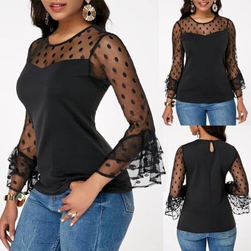 2020 Women Summer Black Lace Vest Top Long Sleeve Blouse Casual Tank Tops Shirt Tops Ploka Dots See Through Soft New Clothes