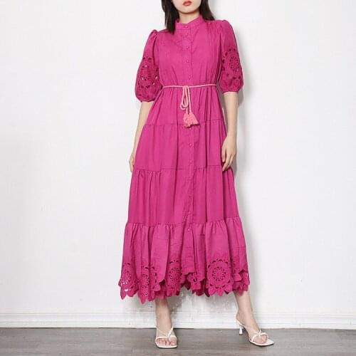 New Autumn Ruffles Patchwork Women Long Dresses Hollow Out Single Button Elegant Lady Party Streetwear Dress Vestidos