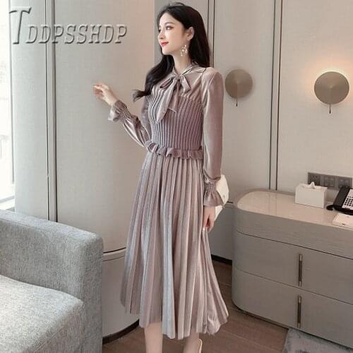 2019 Korean Patchwork Velvet Women Dress Long Sleeve Autumn Winter Female Bottoming Dresses