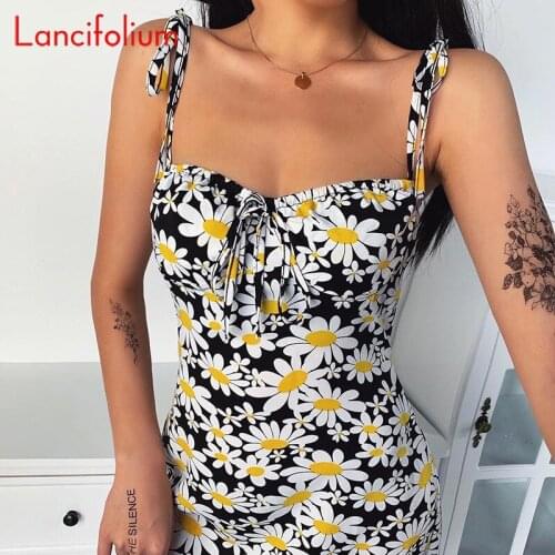 Cami Dress Women 2020 Summer Daisy Floral Sexy Mini Dress Ladies Spaghetti Strap Elegant Beach Party Dress Tie Front Sundress