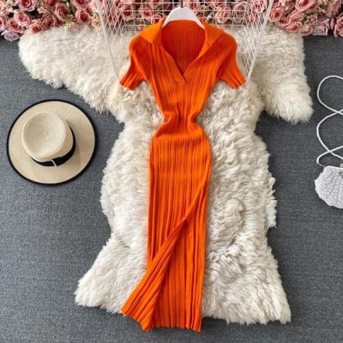 Slim V-neck Sexy Orange Women Dress 2021 New Summer Short sleeve Knitted Bodycon Dress Elegant Midi Sweater Dress Clothes