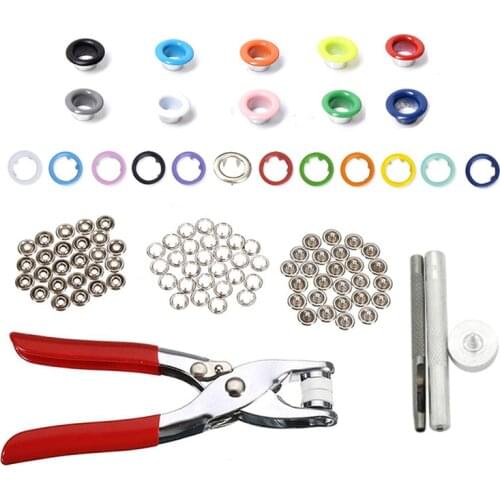 1PCS Plier+1set Eyelets Tool+100sets 10 Colors 9.5mm Prong Snap Buttons Fasteners Press Studs Poppers Buckles+200pcs 5mm Eyelets