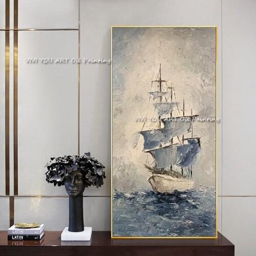 100% Handmade Vessel Sea Oil Painting Ocean Scenery Grey Wall Art Picture Modern Large Canvas Painting For Wedding Decoration