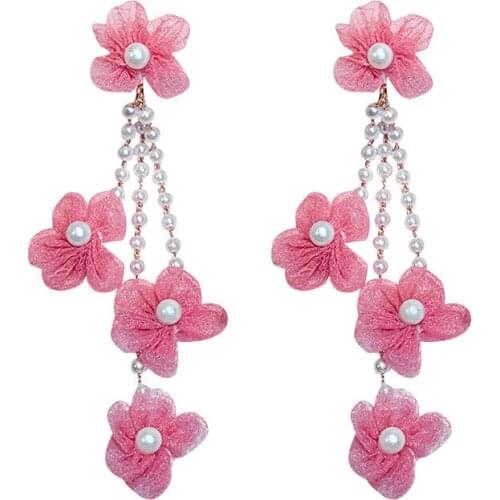 2021 Wholesale Korean Fashion Super Fairy Flower Lace Earrings Female Pearl Tassel Long Earrings Female Fashion Earrings