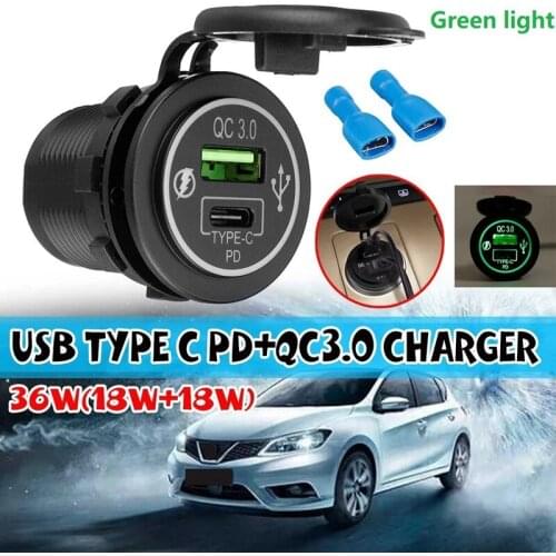 Dual USB Type C PD+QC3.0 Car Charger Socket LED USB Quick Charger Adapter For 12-24V Car Boat Marine Motorcycle Camper