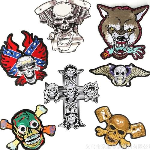 Big Size Punk Wolf Skull Skeleton Iron On Embroidered Clothes Patches For Clothing Stickers Garment Wholesale