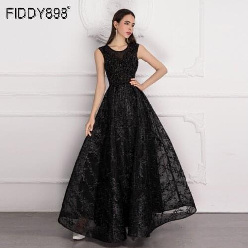 Black Formal Dress Women Elegant Long Lace Evening Gowns 2020 A-line Crystal Beaded Party Dresses Abendkleider Lang ASA-0148