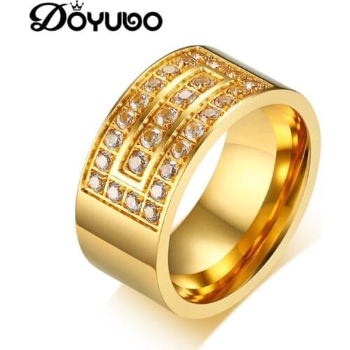 DOYUBO Trendy Mens Gold Stainless Steel Rings With AAA White Cubic Zirconia Fashion Metal Male Party Rings Accessories DA060