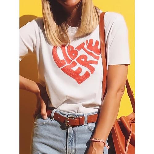 LIBERTE Heart Print T-Shirt 2021 Women Clothing Short Sleeve Round Neck Casual Tees Tops Summer Elegant Vintage T-Shirts Femme