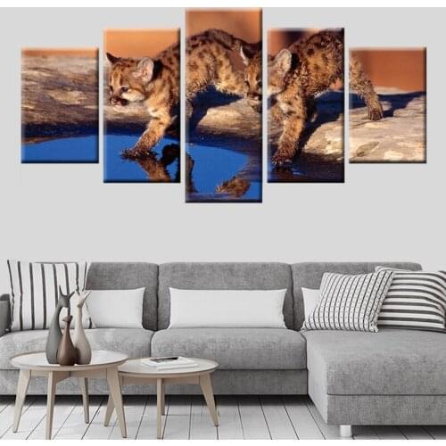 HD Print Canvas Painting 5 Panels 2 Cute Kittens Playing Water Picture Poster Wall Art for Children Room Mural