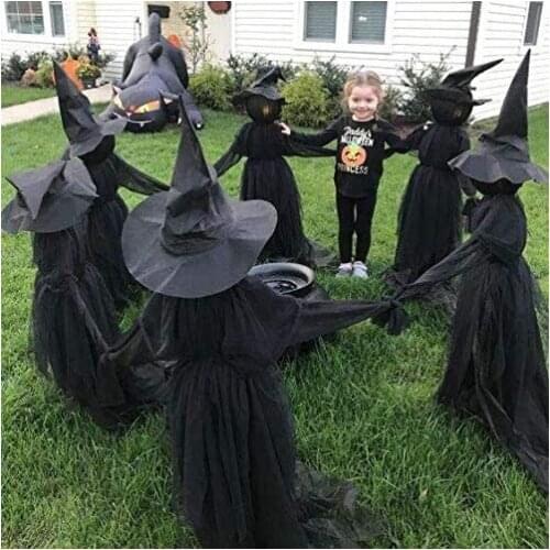 Halloween, 3 people hand in hand, witches decorate haunted houses, decorate props, sound control, induce luminescence and sound